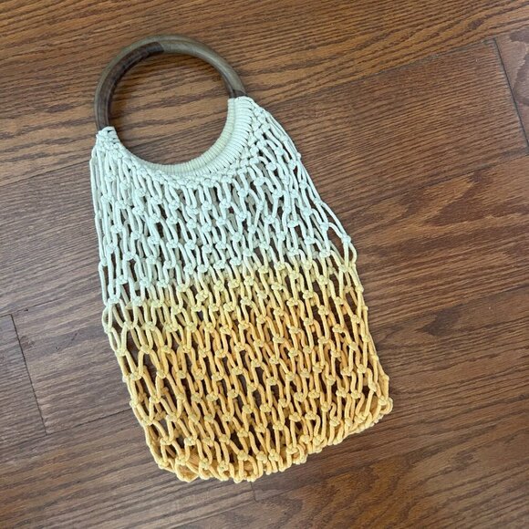 Macramé Handbag Wooden Handle Ombre Beach Bag Boho Chic Retro - Picture 2 of 10